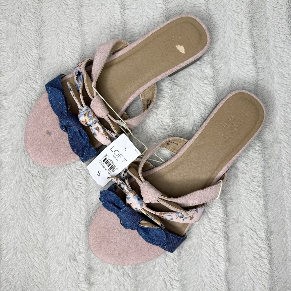 Loft Pink Floral Denim‎ Bow Sandal Slide Slip On Twee Cottagecore Women's 8